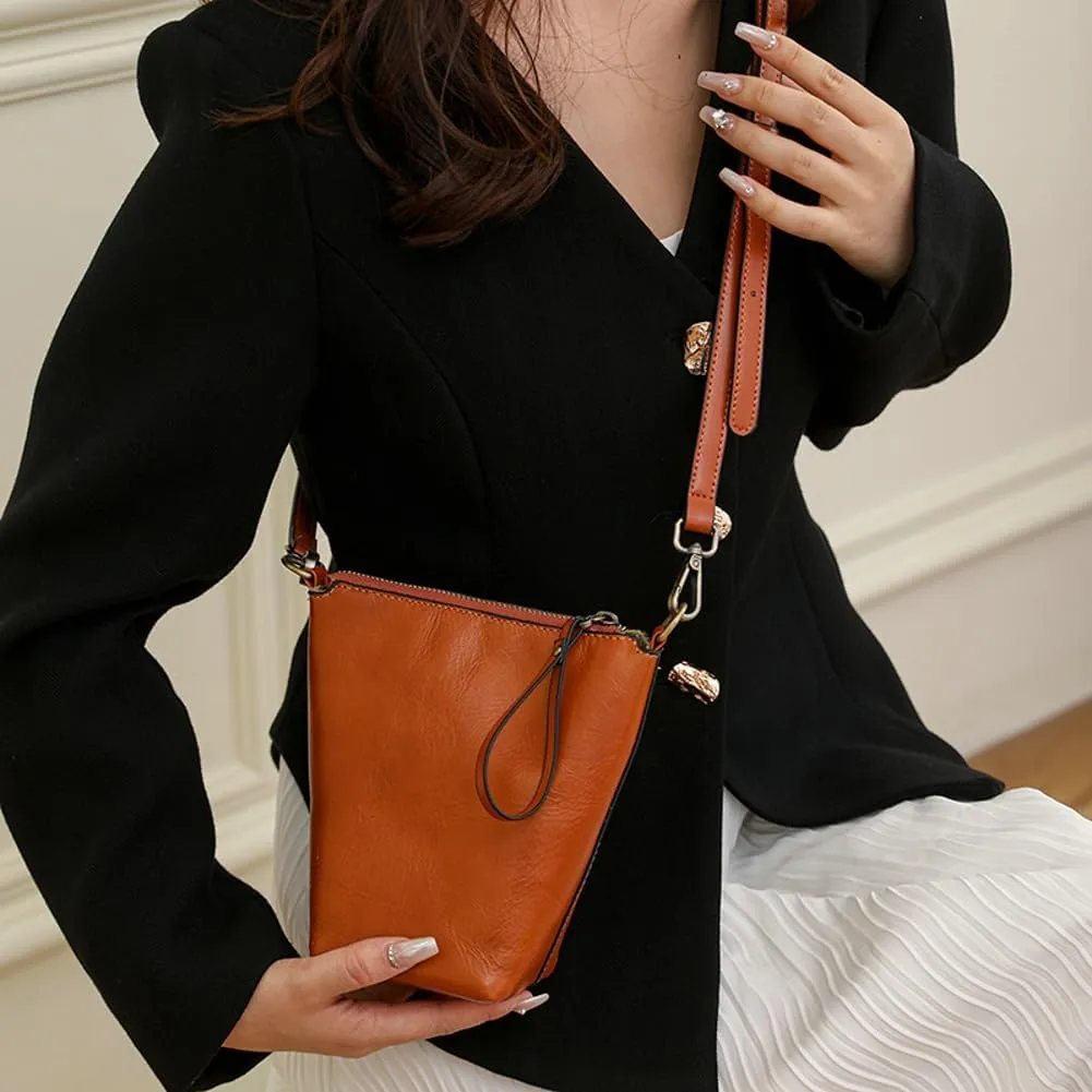 Womens Small Genuine Leather Crossbody Phone Purse Mini Bucket Shoulder Tote Bag Handbag with Adjustable Strap