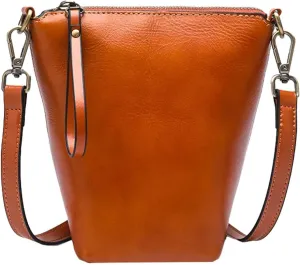 Womens Small Genuine Leather Crossbody Phone Purse Mini Bucket Shoulder Tote Bag Handbag with Adjustable Strap