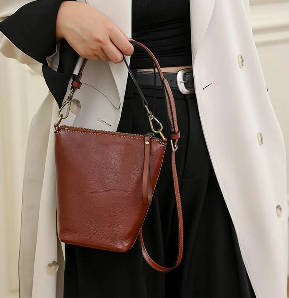 Womens Small Genuine Leather Crossbody Phone Purse Mini Bucket Shoulder Tote Bag Handbag with Adjustable Strap