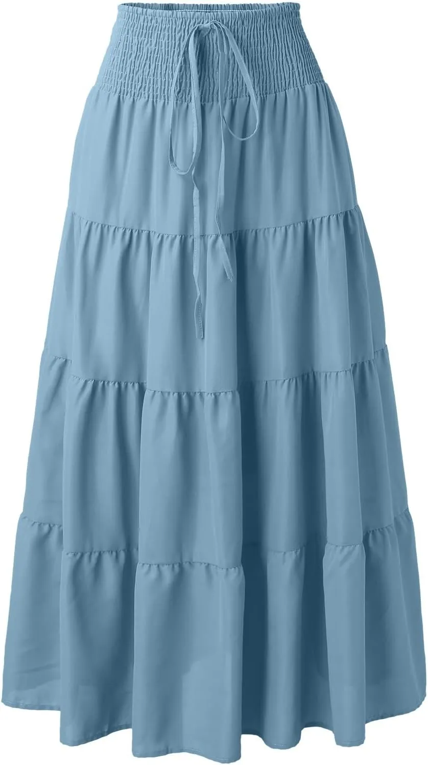 Women's Solid High Rise Boho Pleated A Line Summer Long Skirts for Women Skirt High Waist Dress Fashion Graceful Robe