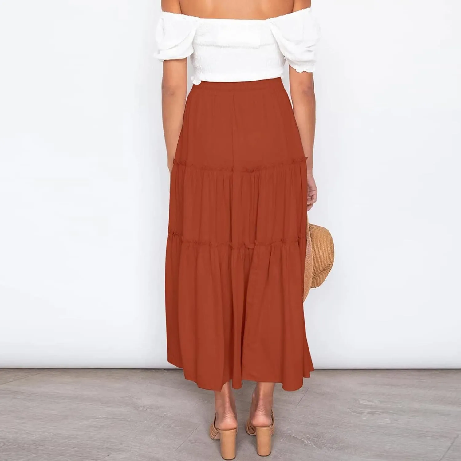 Women's Solid High Rise Boho Pleated A Line Summer Long Skirts for Women Skirt High Waist Dress Fashion Graceful Robe