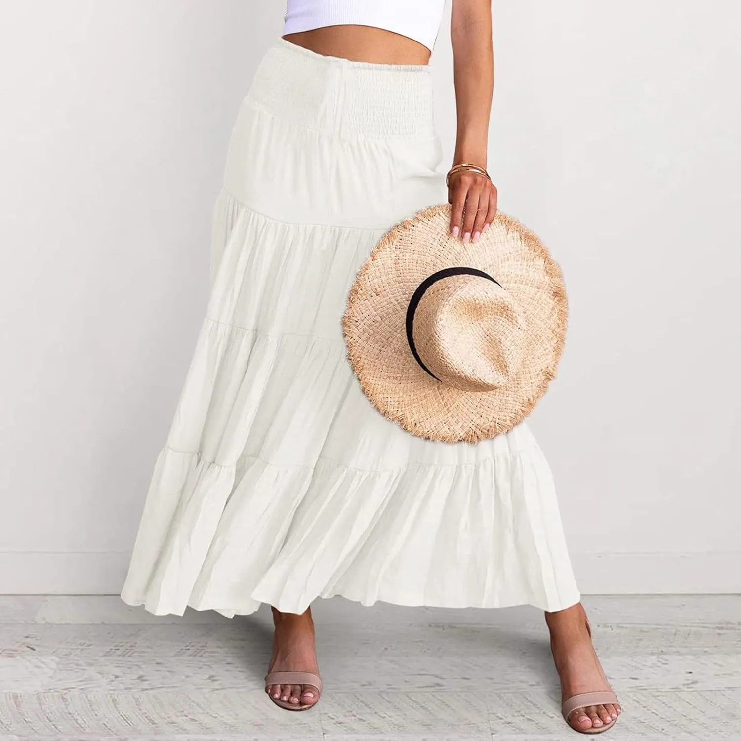 Women's Solid High Rise Boho Pleated A Line Summer Long Skirts for Women Skirt High Waist Dress Fashion Graceful Robe
