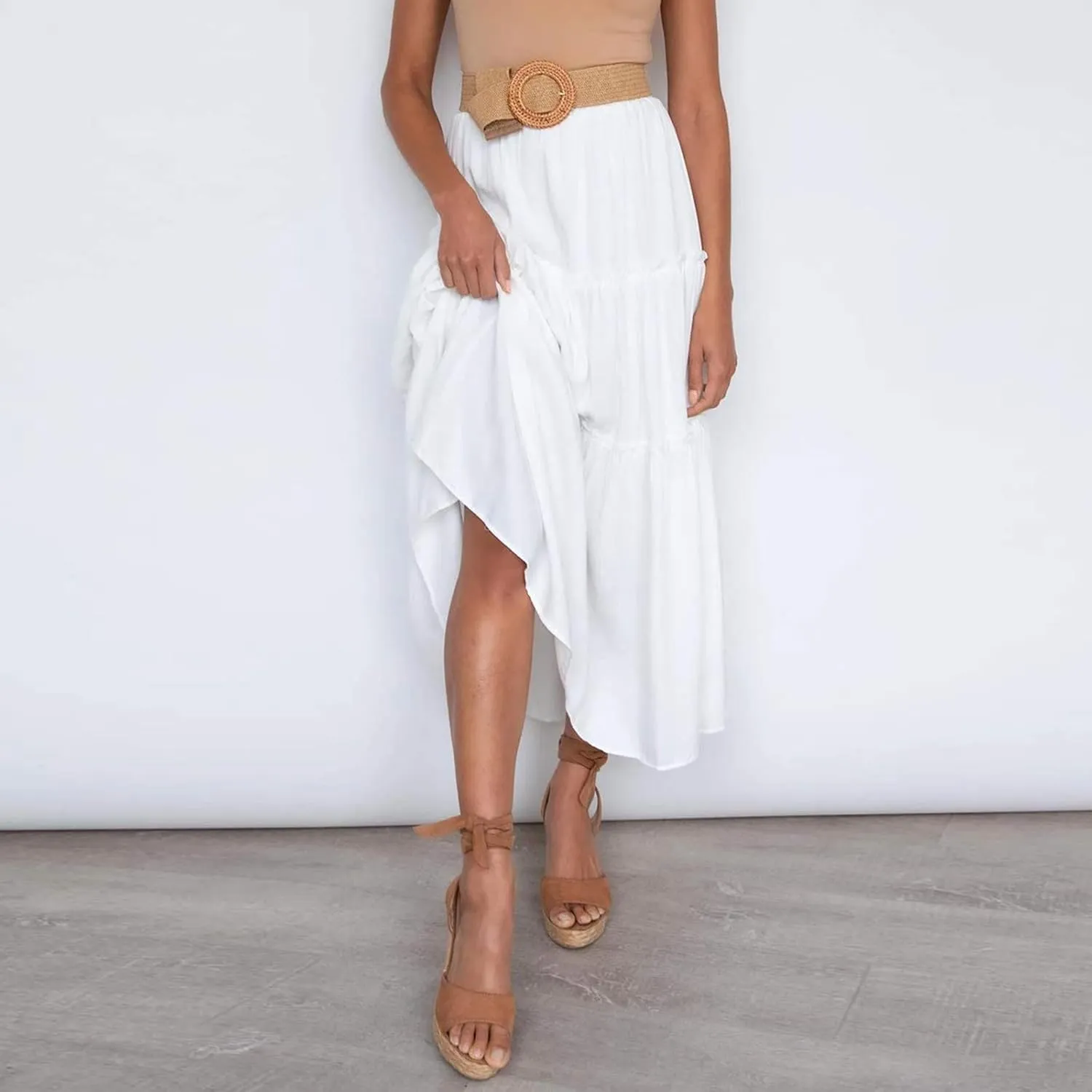 Women's Solid High Rise Boho Pleated A Line Summer Long Skirts for Women Skirt High Waist Dress Fashion Graceful Robe