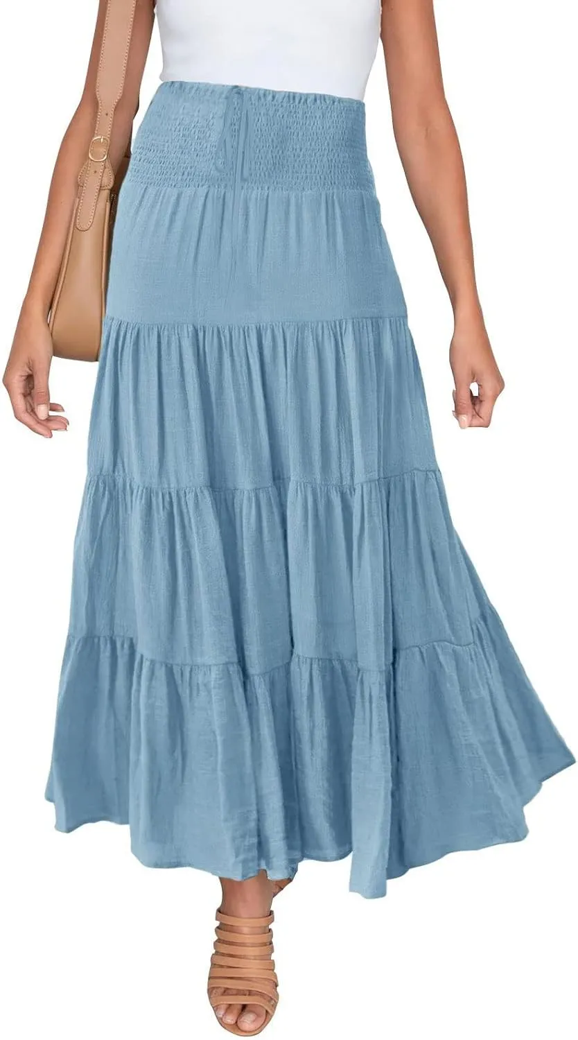 Women's Solid High Rise Boho Pleated A Line Summer Long Skirts for Women Skirt High Waist Dress Fashion Graceful Robe