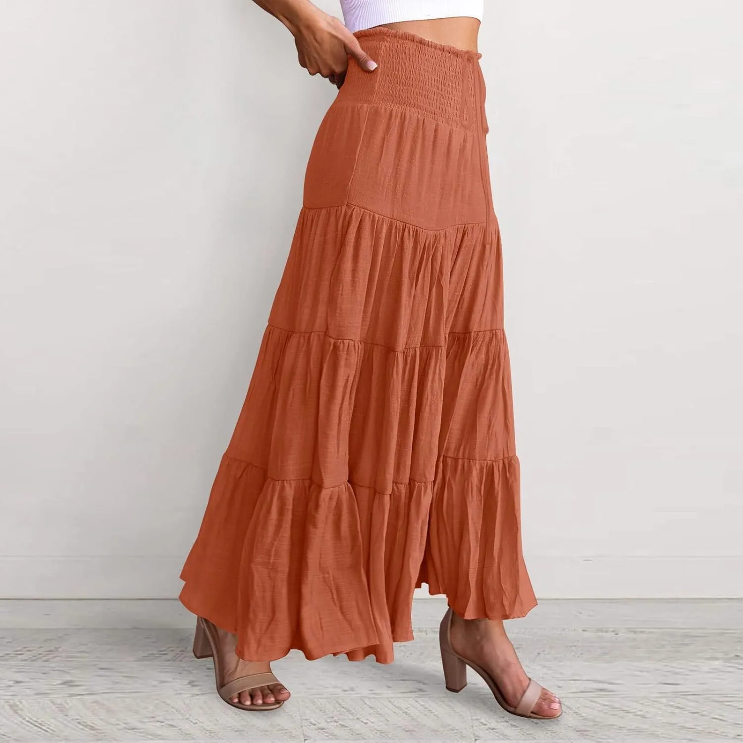 Women's Solid High Rise Boho Pleated A Line Summer Long Skirts for Women Skirt High Waist Dress Fashion Graceful Robe