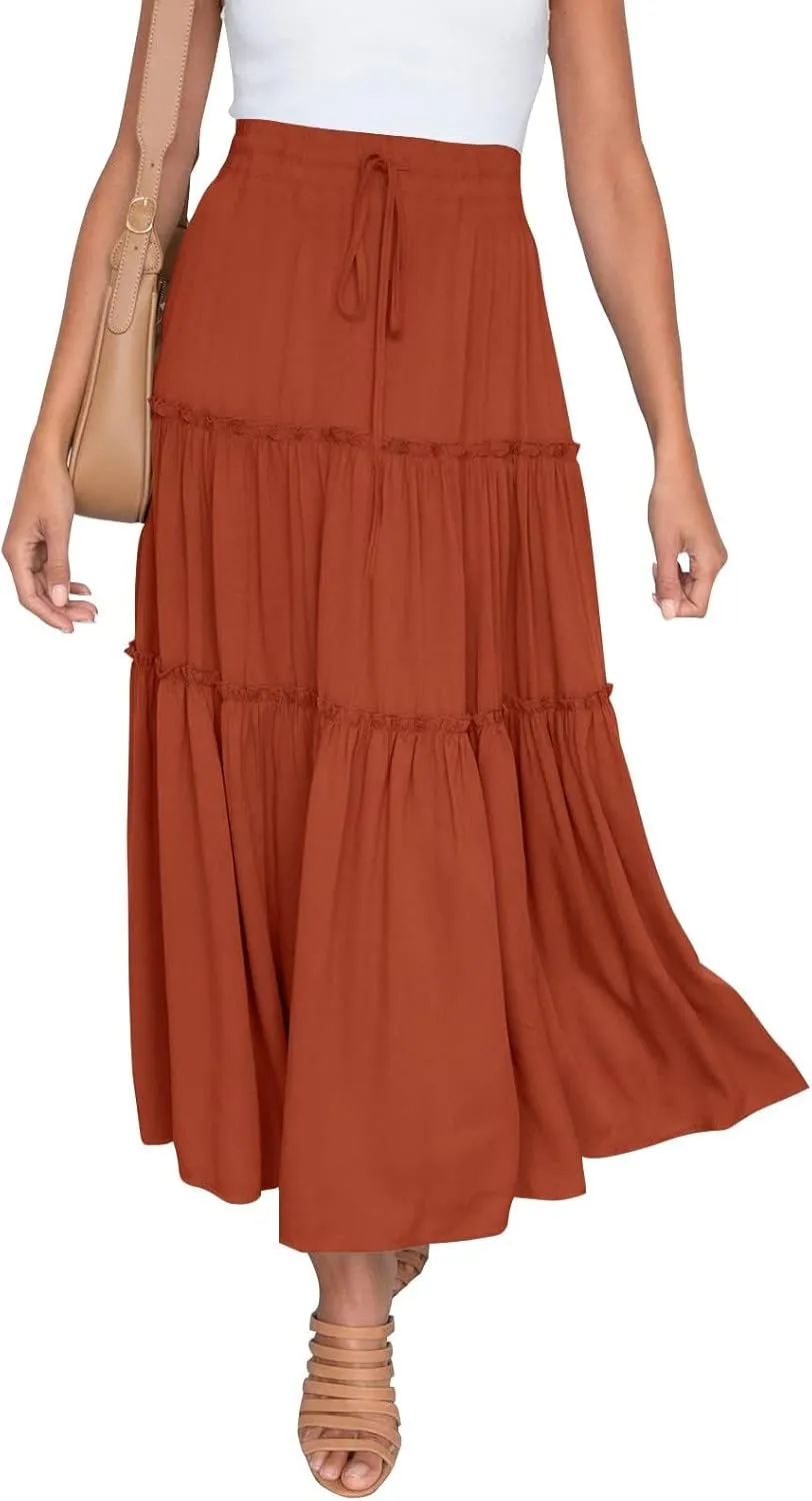 Women's Solid High Rise Boho Pleated A Line Summer Long Skirts for Women Skirt High Waist Dress Fashion Graceful Robe