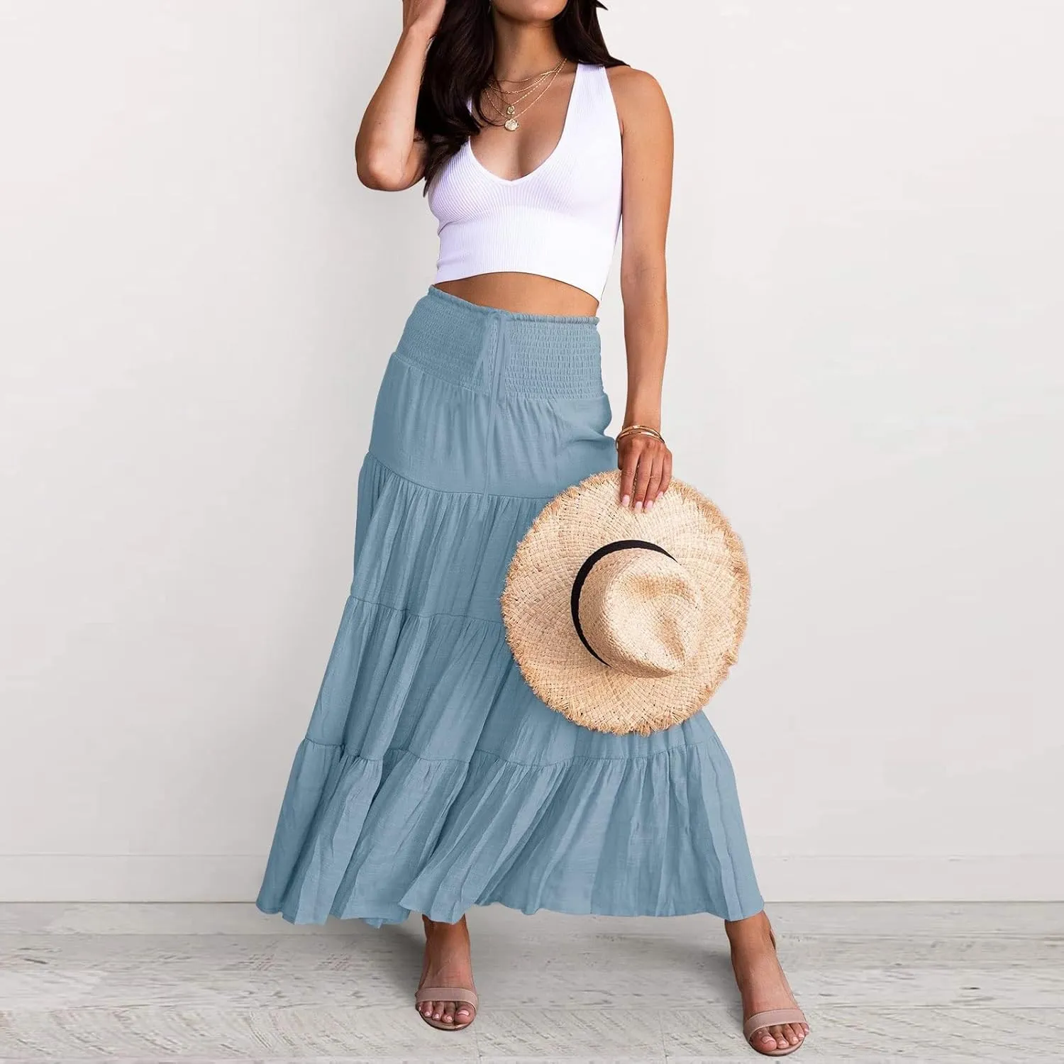 Women's Solid High Rise Boho Pleated A Line Summer Long Skirts for Women Skirt High Waist Dress Fashion Graceful Robe
