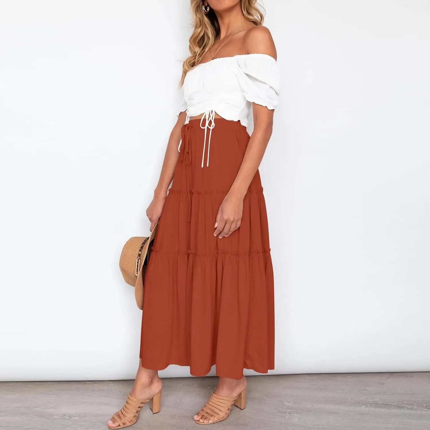 Women's Solid High Rise Boho Pleated A Line Summer Long Skirts for Women Skirt High Waist Dress Fashion Graceful Robe
