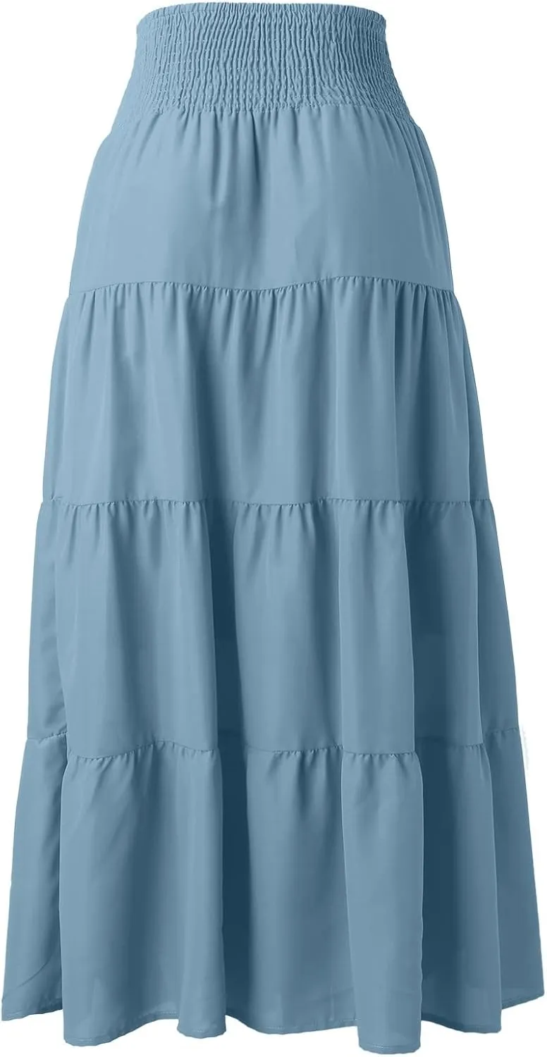 Women's Solid High Rise Boho Pleated A Line Summer Long Skirts for Women Skirt High Waist Dress Fashion Graceful Robe