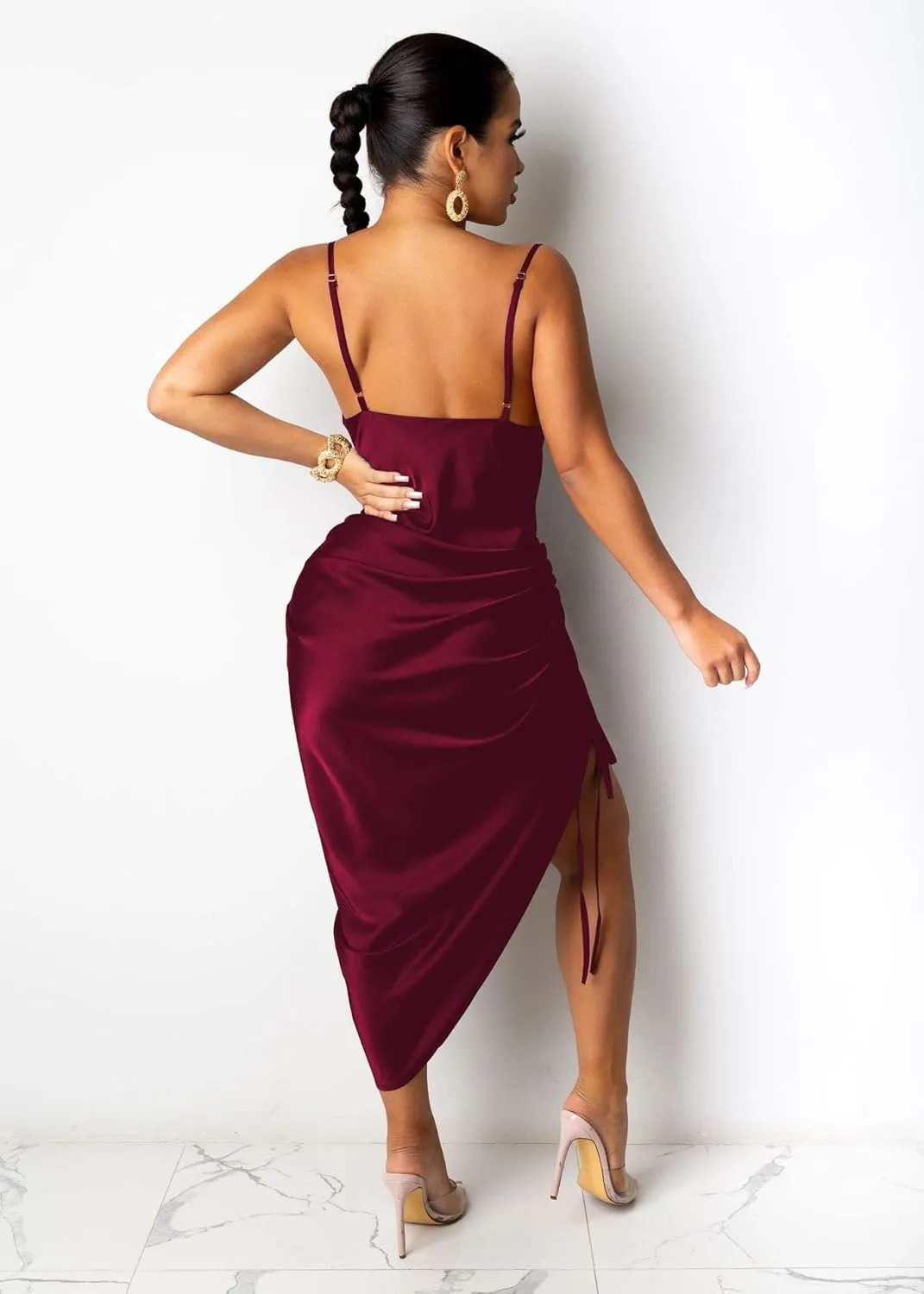 Women's Spaghetti Strap Satin Dress Sexy Backless Drawstring Ruched Split Hem Cocktail Evening Party