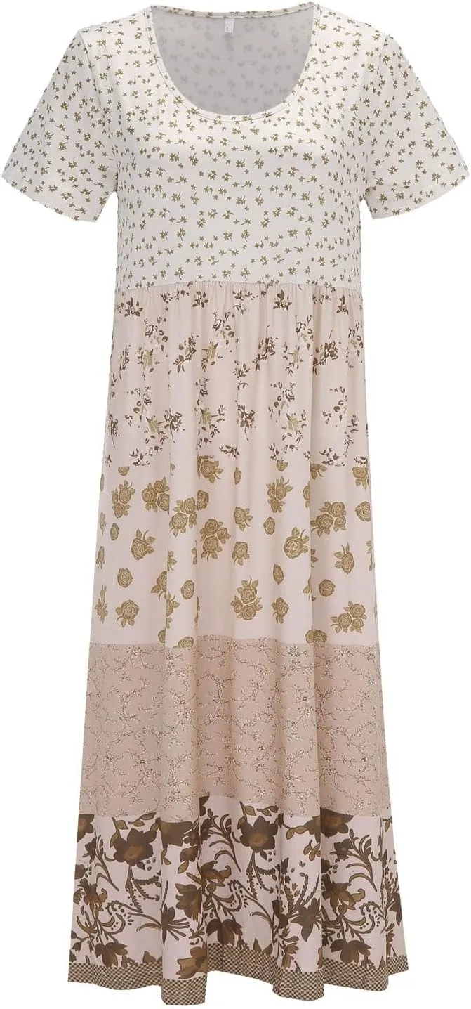 Women's Summer Boho Floral Short Sleeve Midi Dress Flowy Casual Crewneck Plus Size Bohemia Vacation Dress