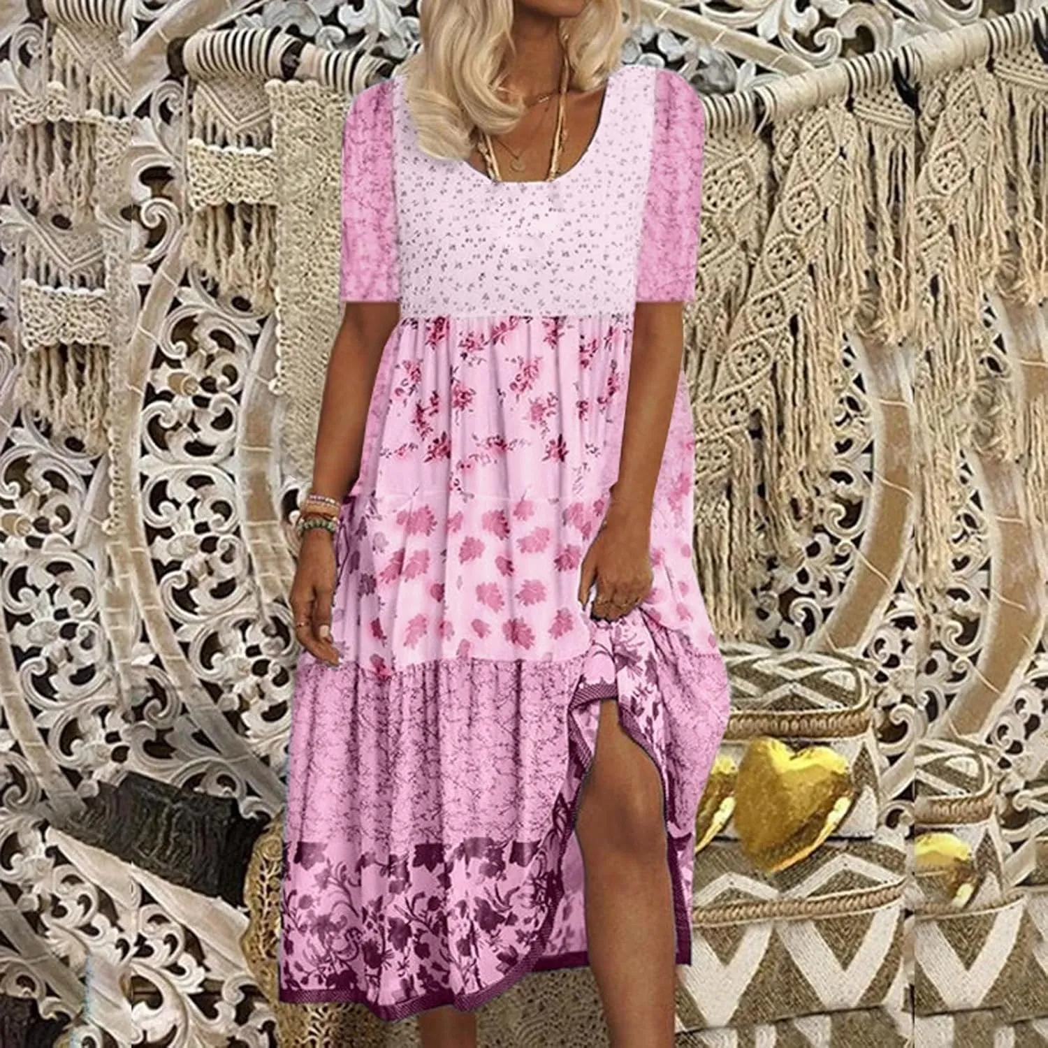 Women's Summer Boho Floral Short Sleeve Midi Dress Flowy Casual Crewneck Plus Size Bohemia Vacation Dress