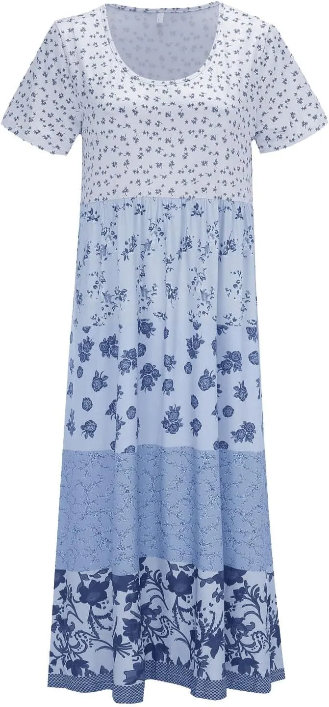Women's Summer Boho Floral Short Sleeve Midi Dress Flowy Casual Crewneck Plus Size Bohemia Vacation Dress
