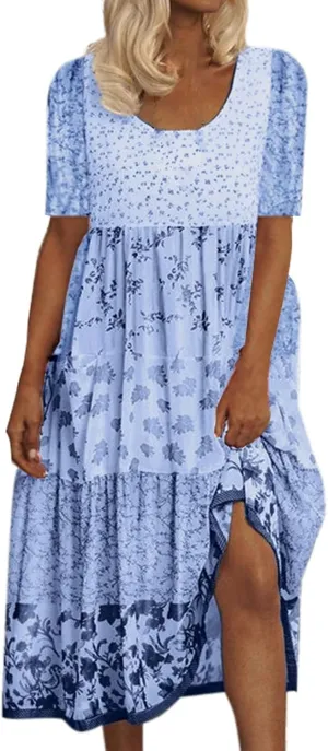 Women's Summer Boho Floral Short Sleeve Midi Dress Flowy Casual Crewneck Plus Size Bohemia Vacation Dress