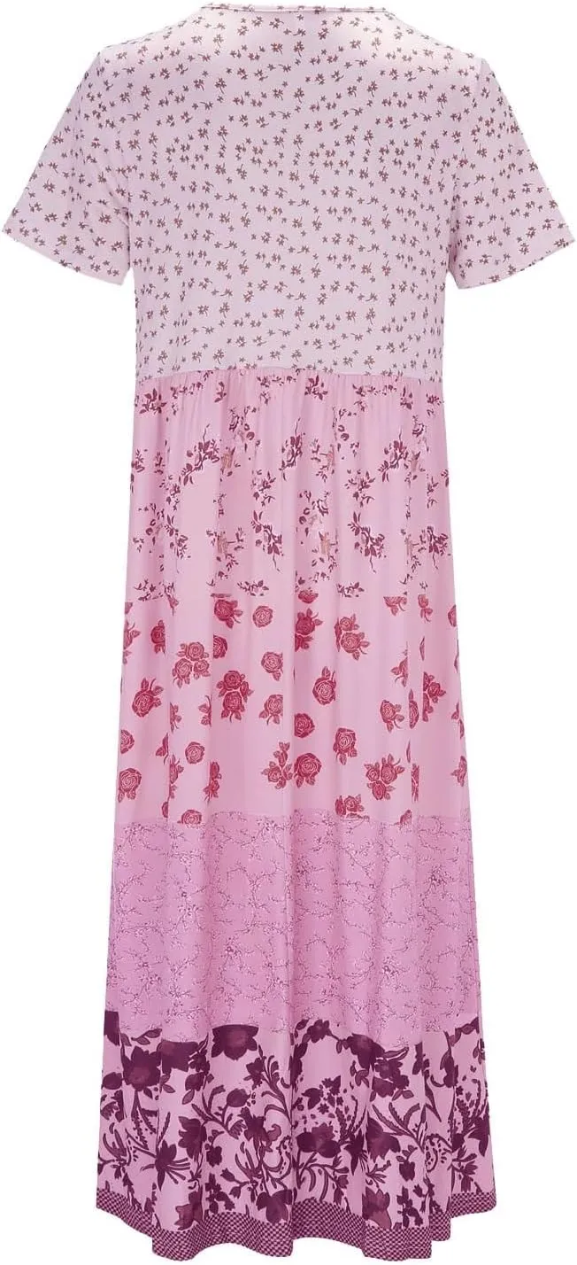 Women's Summer Boho Floral Short Sleeve Midi Dress Flowy Casual Crewneck Plus Size Bohemia Vacation Dress