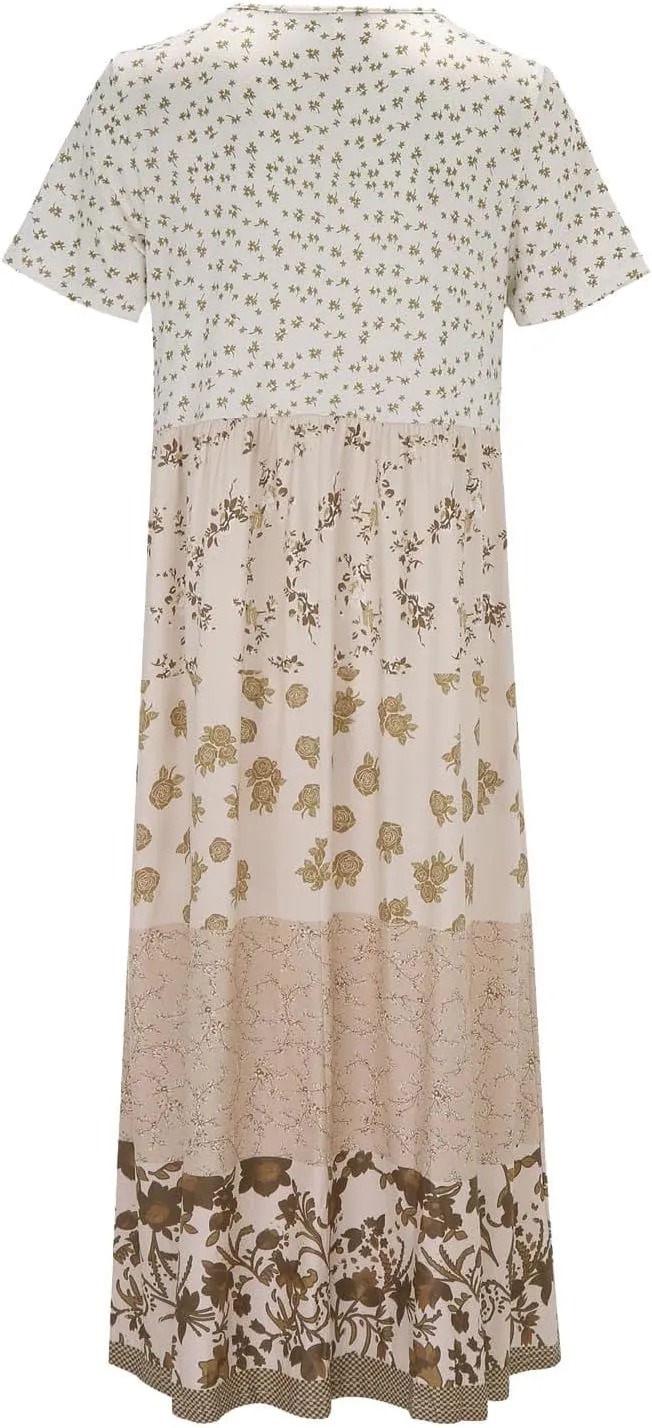 Women's Summer Boho Floral Short Sleeve Midi Dress Flowy Casual Crewneck Plus Size Bohemia Vacation Dress