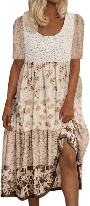 Women's Summer Boho Floral Short Sleeve Midi Dress Flowy Casual Crewneck Plus Size Bohemia Vacation Dress
