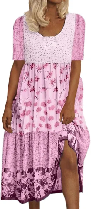 Women's Summer Boho Floral Short Sleeve Midi Dress Flowy Casual Crewneck Plus Size Bohemia Vacation Dress