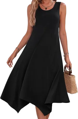 Women's Summer Casual Dresses Sleeveless Hankerchief Hem Midi Tank Sundress Beach Dress with Pockets