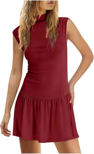 Womens Summer Casual Mock Neck Sundresses Cotton Pleated Knee Length Sleeveless Tank Dress Fashion Wrap Mini Dresses