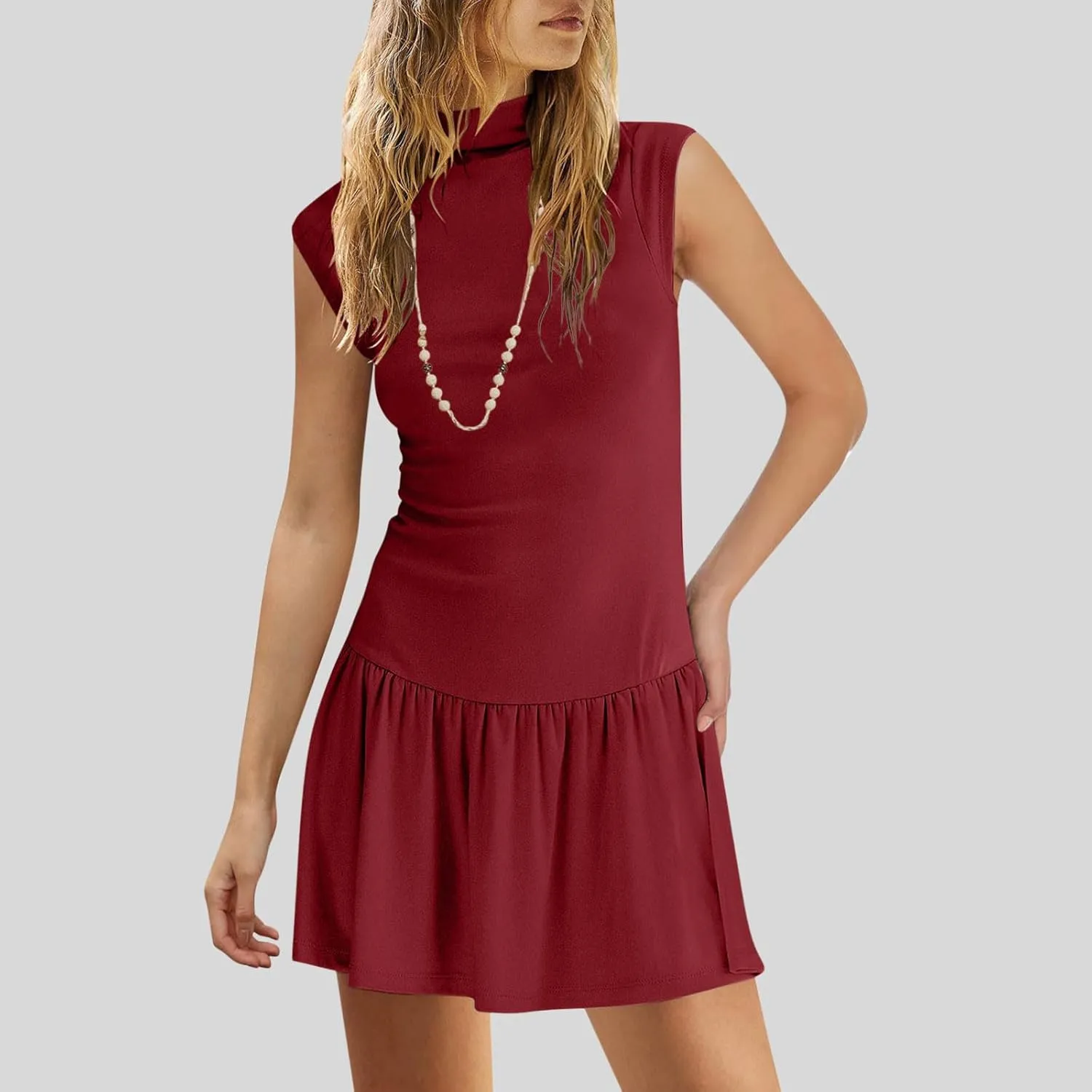 Womens Summer Casual Mock Neck Sundresses Cotton Pleated Knee Length Sleeveless Tank Dress Fashion Wrap Mini Dresses