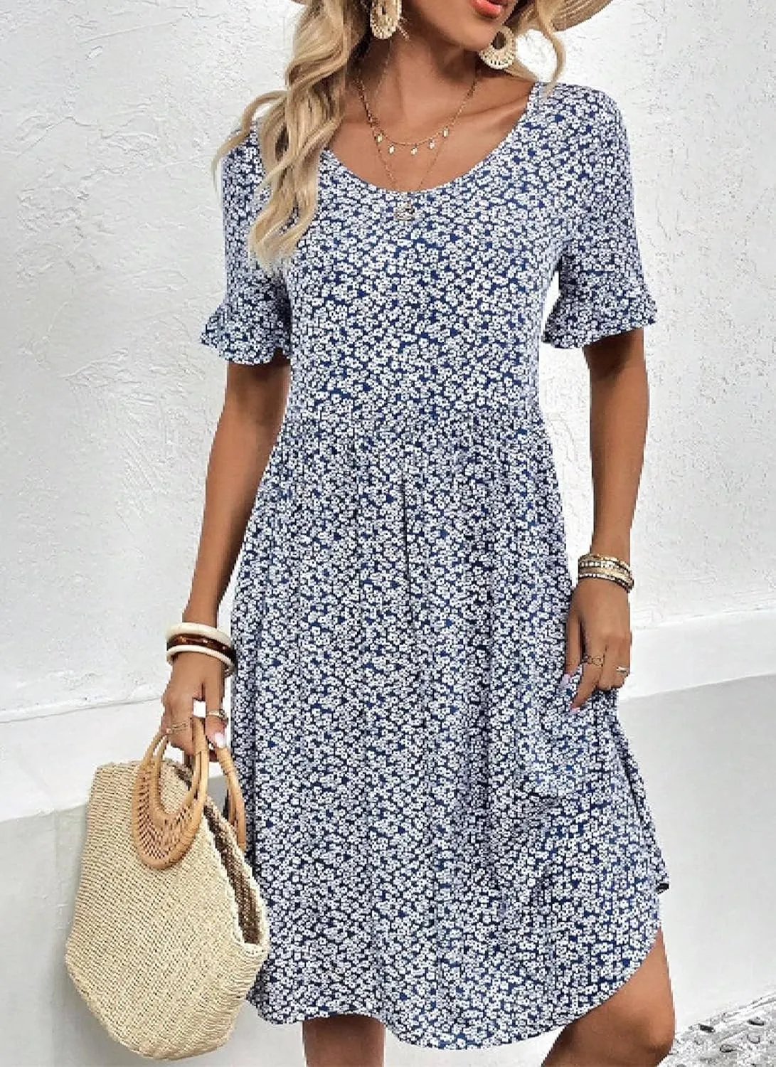Women's Summer Casual Short Sleeve Mini Dress Ditsy Floral Crewneck Ruffle Hem Dresses 2025 Flowy Travel Vacation Outfit
