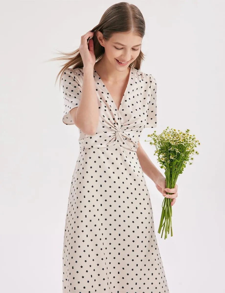 Women's Summer Dress 3/4 Sleeve Casual Boho V-Neck Pleated Lace Up Wrap Flowy Midi Dress Wedding Guest Dresses
