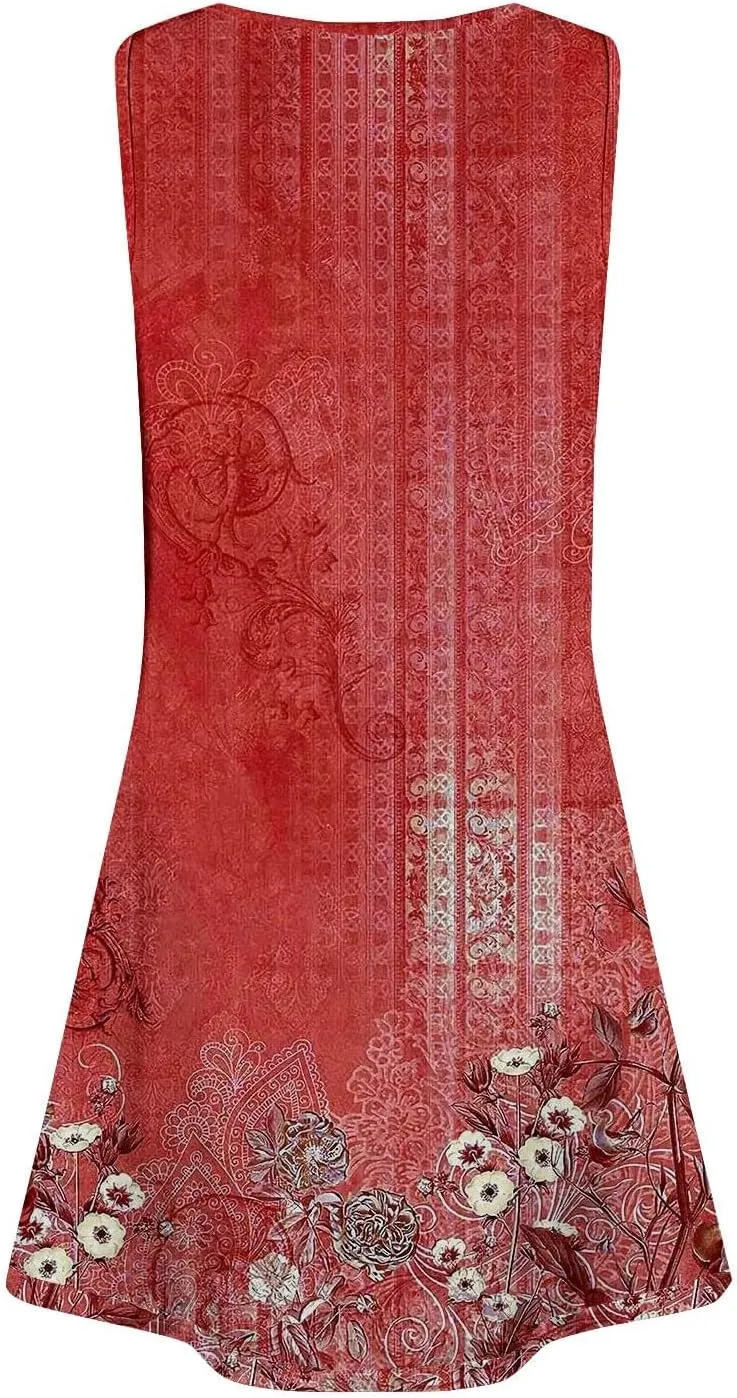 Womens Summer Dresses 2025 Spring Vacation Dresses Sleeveless Floral Print Tank Sundress Beach Cover Up with Pocket
