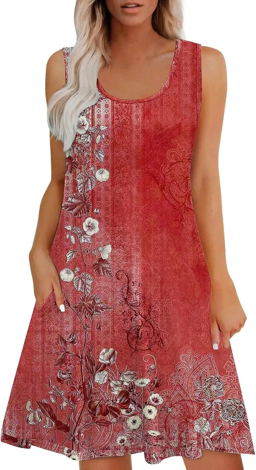 Womens Summer Dresses 2025 Spring Vacation Dresses Sleeveless Floral Print Tank Sundress Beach Cover Up with Pocket
