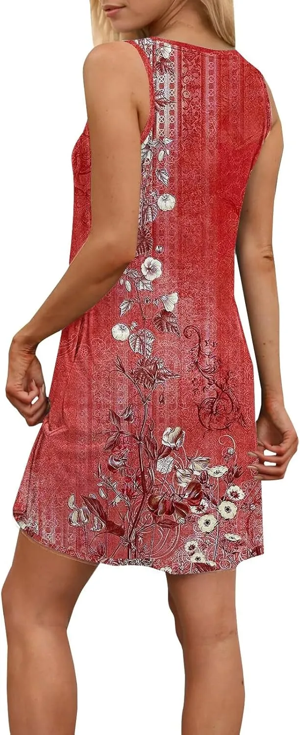 Womens Summer Dresses 2025 Spring Vacation Dresses Sleeveless Floral Print Tank Sundress Beach Cover Up with Pocket