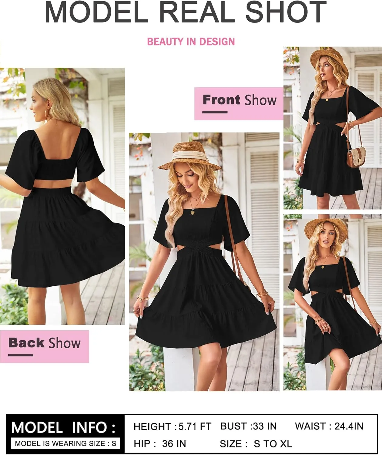 Women's Summer Dresses Square Neck Casual Short Sleeves Crossover Elastic Waist Party Mini Dress