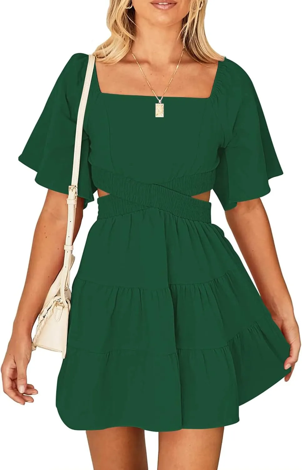 Women's Summer Dresses Square Neck Casual Short Sleeves Crossover Elastic Waist Party Mini Dress