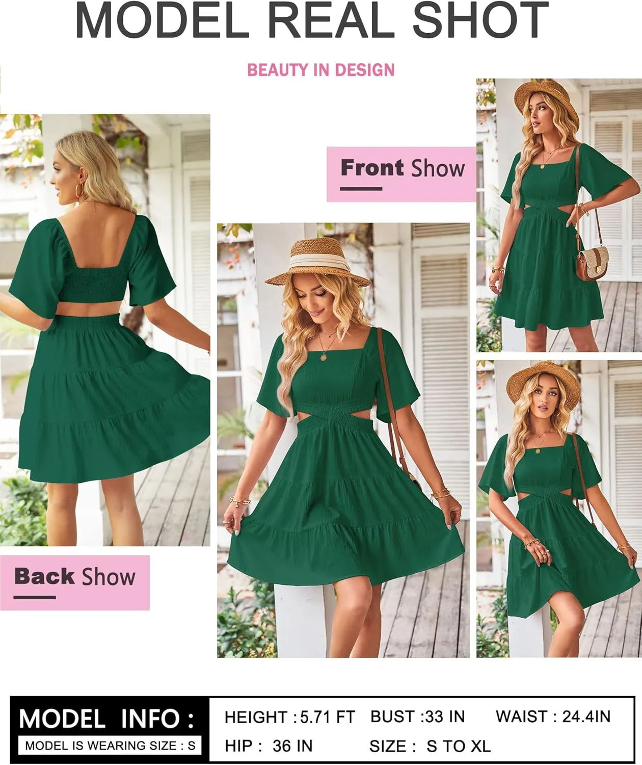 Women's Summer Dresses Square Neck Casual Short Sleeves Crossover Elastic Waist Party Mini Dress