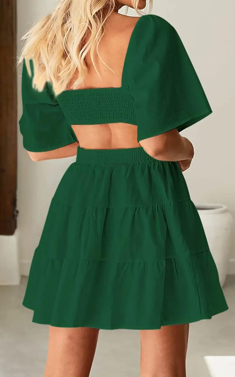 Women's Summer Dresses Square Neck Casual Short Sleeves Crossover Elastic Waist Party Mini Dress