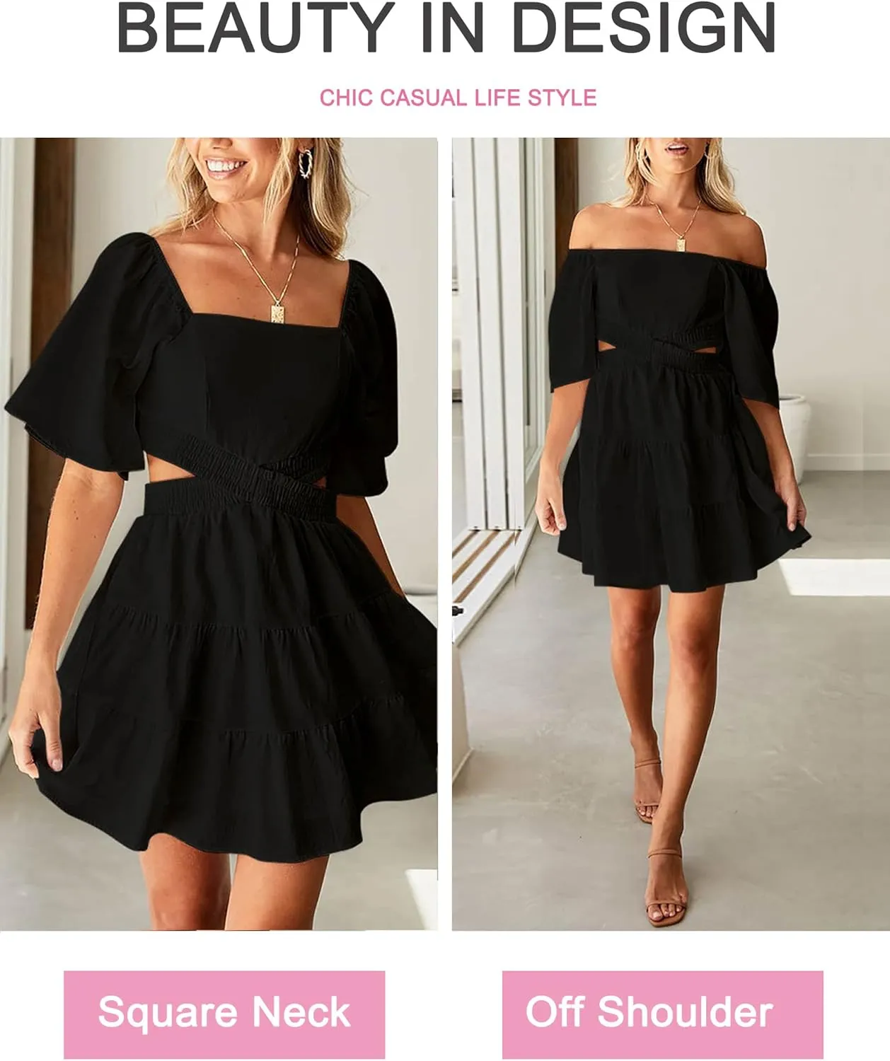 Women's Summer Dresses Square Neck Casual Short Sleeves Crossover Elastic Waist Party Mini Dress