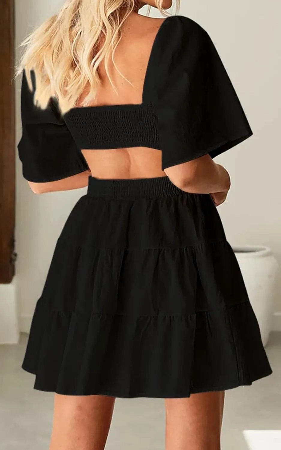 Women's Summer Dresses Square Neck Casual Short Sleeves Crossover Elastic Waist Party Mini Dress