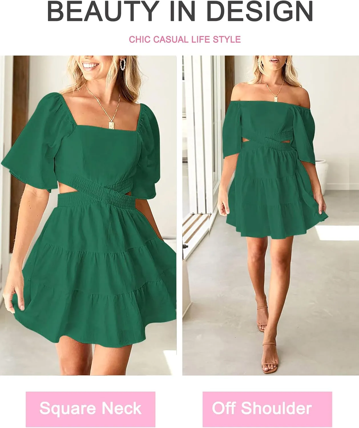 Women's Summer Dresses Square Neck Casual Short Sleeves Crossover Elastic Waist Party Mini Dress