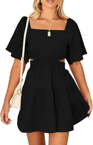 Women's Summer Dresses Square Neck Casual Short Sleeves Crossover Elastic Waist Party Mini Dress