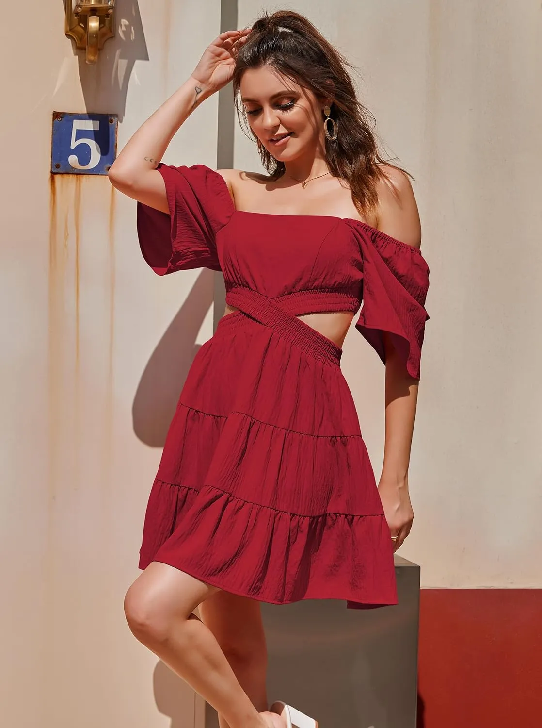 Women's Summer Dresses Square Neck Casual Short Sleeves Crossover Elastic Waist Party Mini Dress