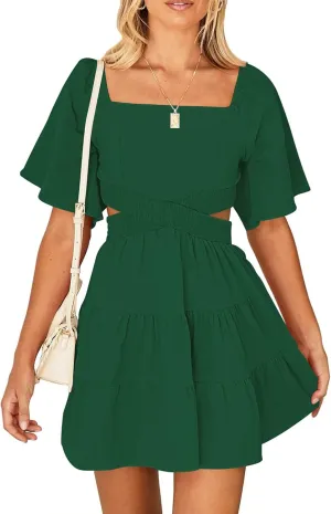 Women's Summer Dresses Square Neck Casual Short Sleeves Crossover Elastic Waist Party Mini Dress