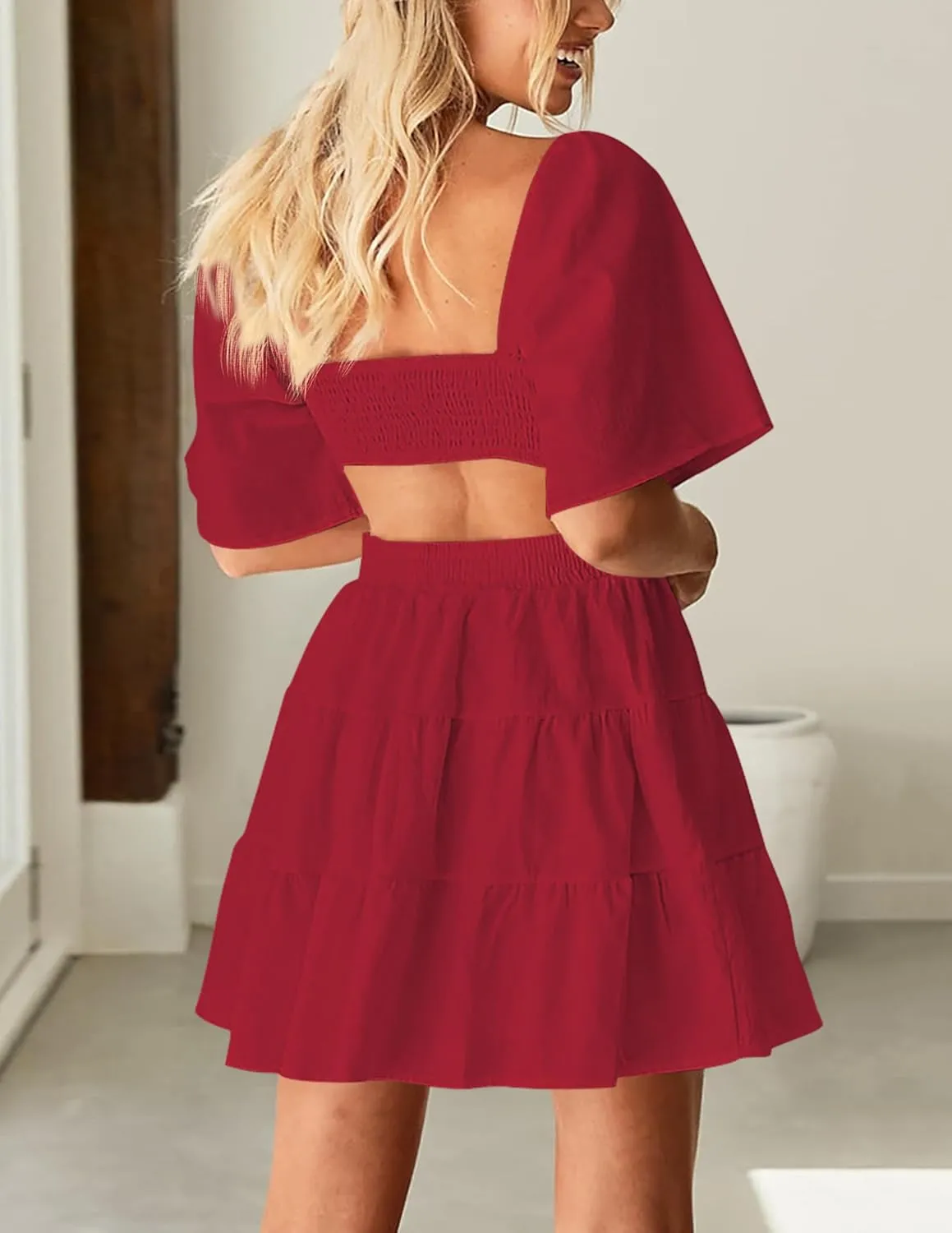 Women's Summer Dresses Square Neck Casual Short Sleeves Crossover Elastic Waist Party Mini Dress
