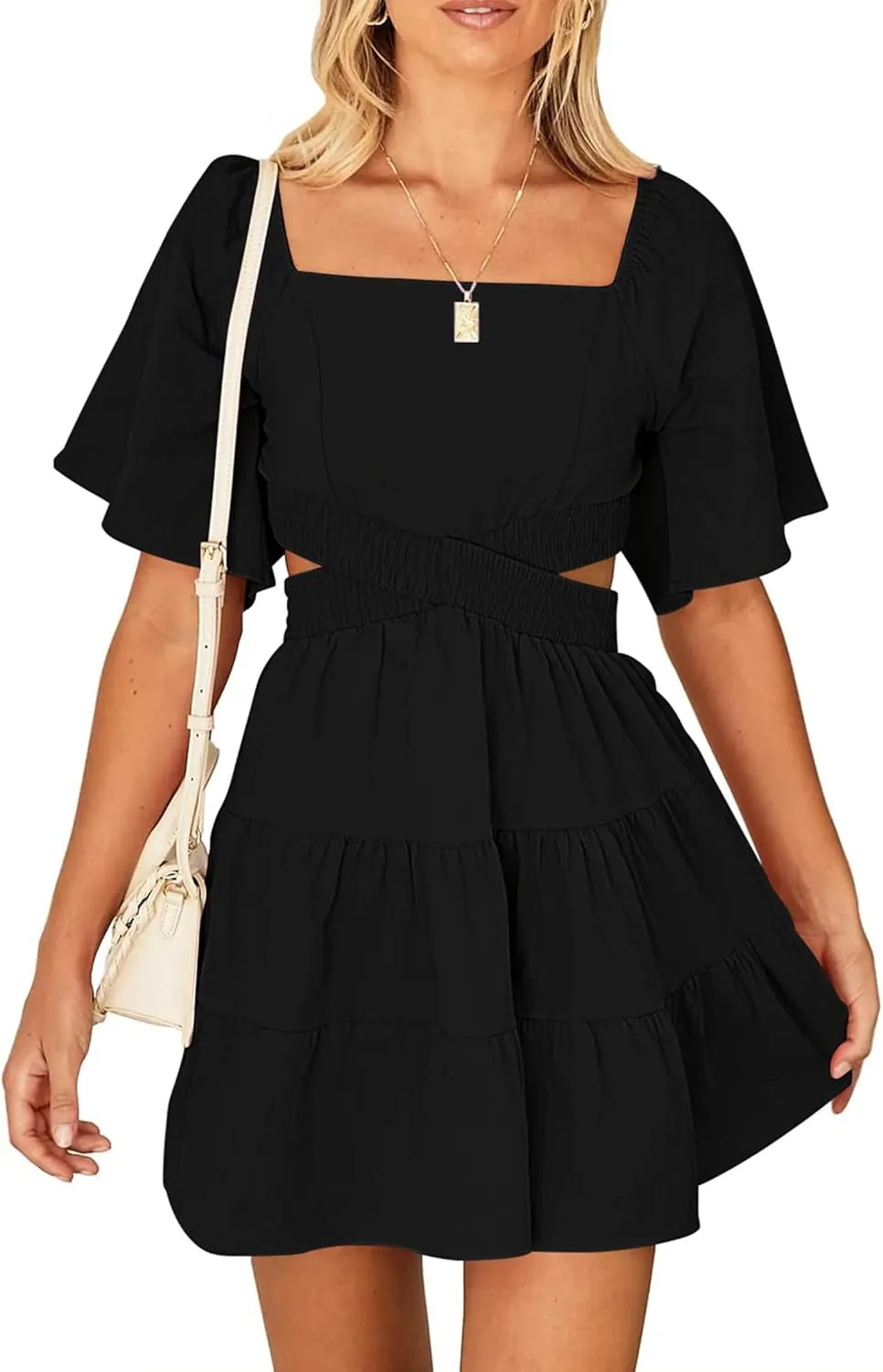 Women's Summer Dresses Square Neck Casual Short Sleeves Crossover Elastic Waist Party Mini Dress