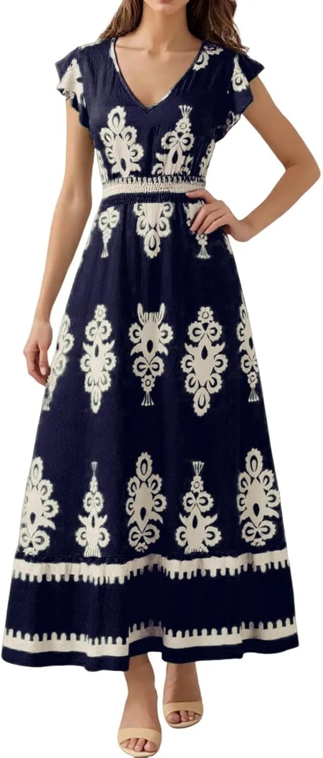 Womens Summer Maxi Dress Floral Printed Casual Sleeveless Spaghetti Strap Elastic Waist Ruffle Beach Sundress 2025 Vacation