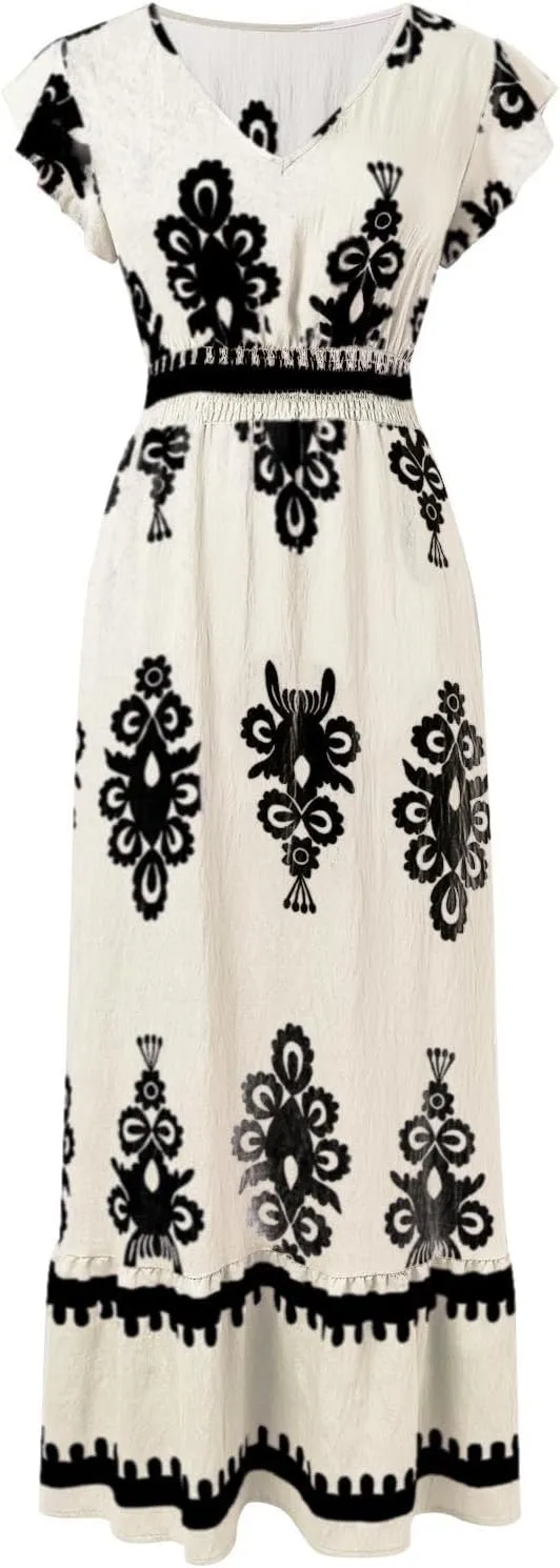 Womens Summer Maxi Dress Floral Printed Casual Sleeveless Spaghetti Strap Elastic Waist Ruffle Beach Sundress 2025 Vacation