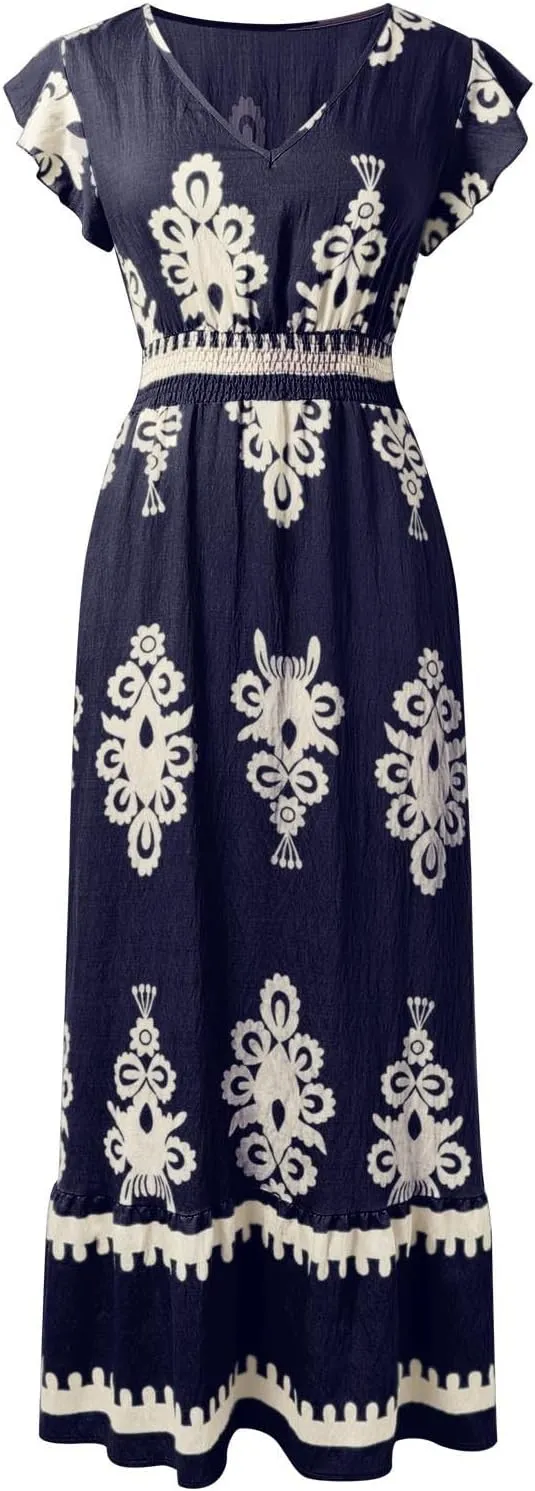 Womens Summer Maxi Dress Floral Printed Casual Sleeveless Spaghetti Strap Elastic Waist Ruffle Beach Sundress 2025 Vacation
