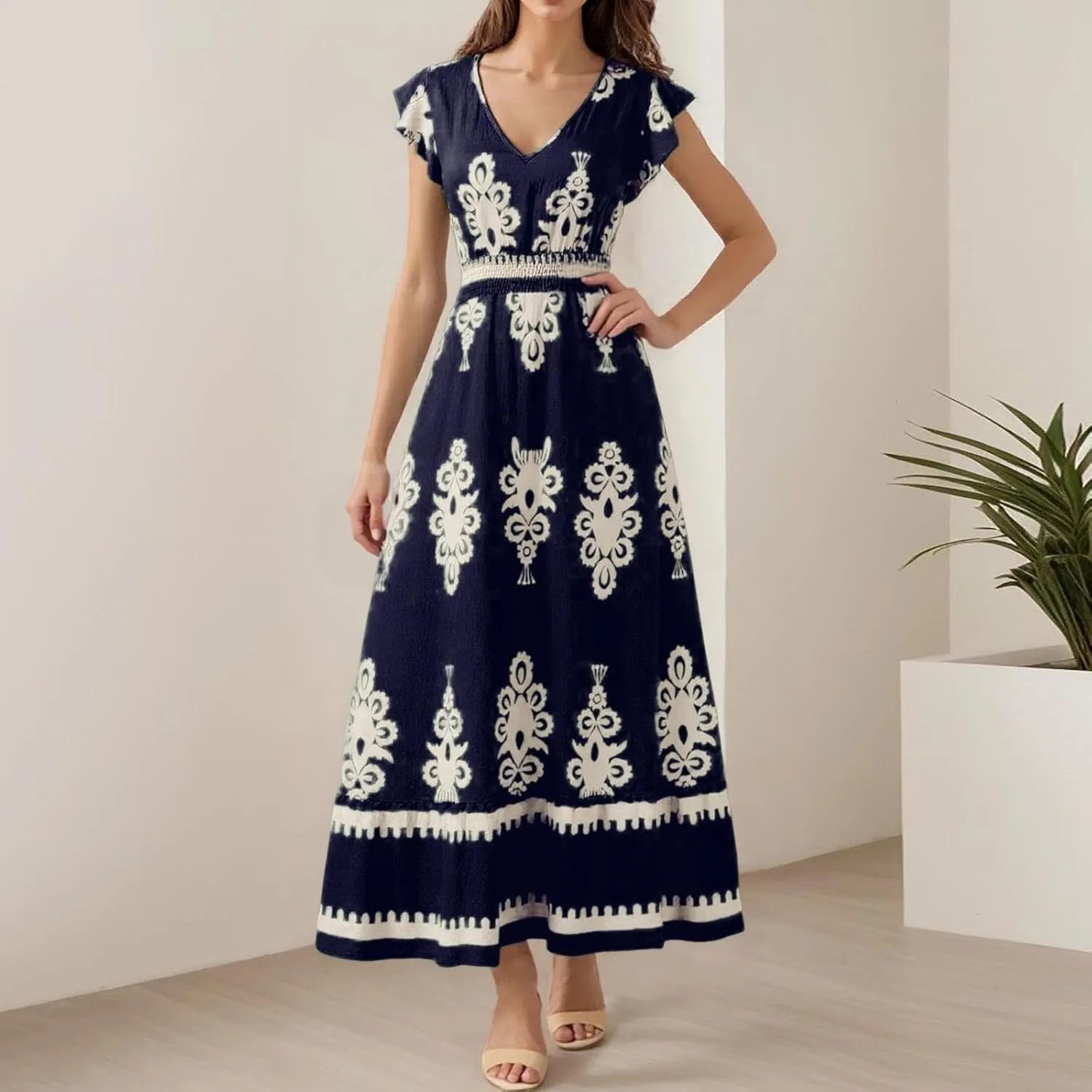 Womens Summer Maxi Dress Floral Printed Casual Sleeveless Spaghetti Strap Elastic Waist Ruffle Beach Sundress 2025 Vacation