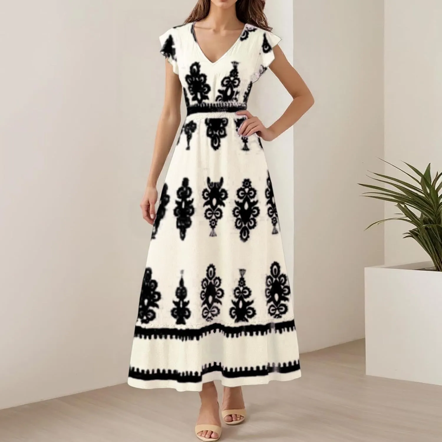 Womens Summer Maxi Dress Floral Printed Casual Sleeveless Spaghetti Strap Elastic Waist Ruffle Beach Sundress 2025 Vacation