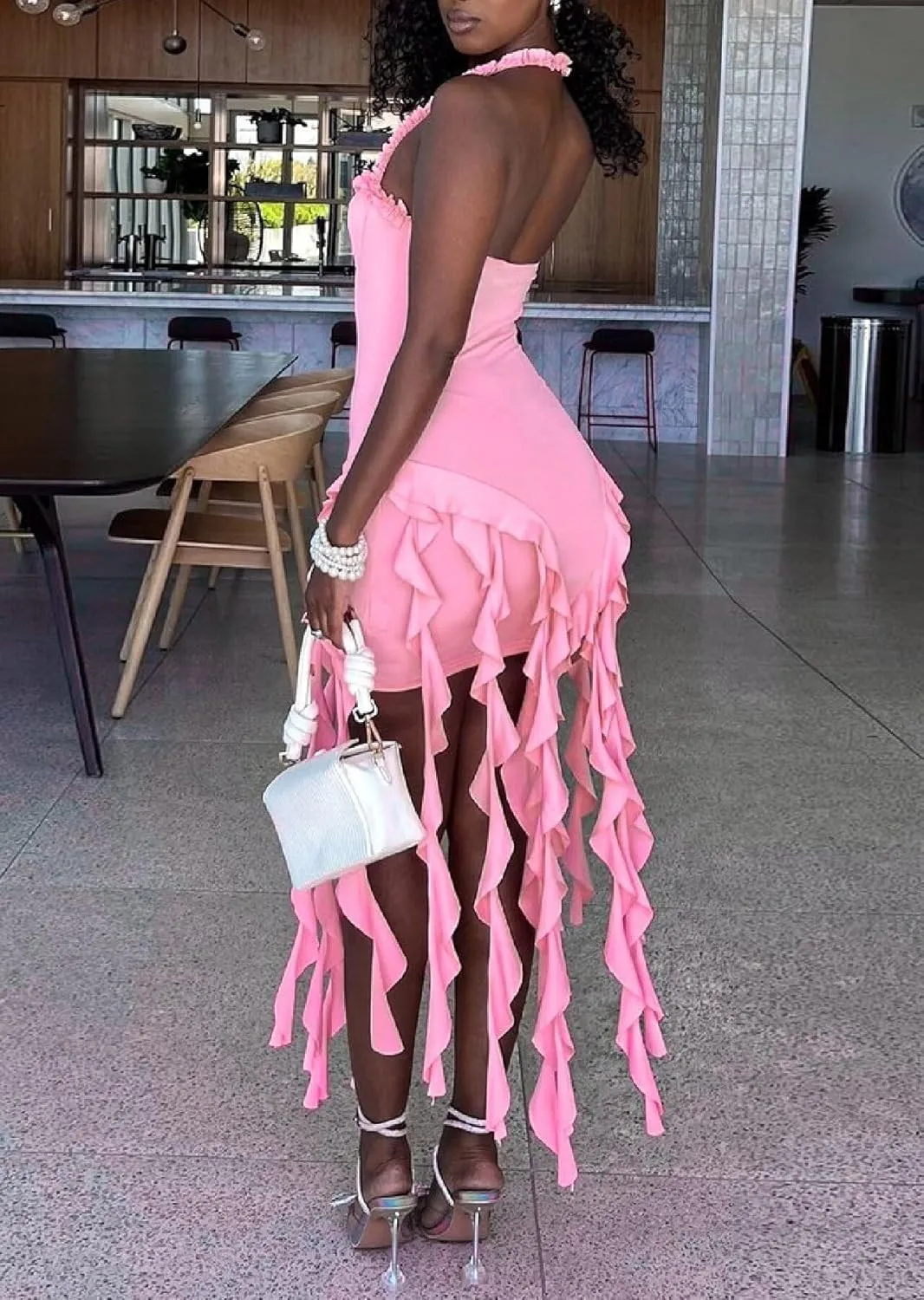 Womens Summer Ruffle Fringe Mini Dress Sexy Halter Bodycon Tassel Party Club Birthday Short Dresses