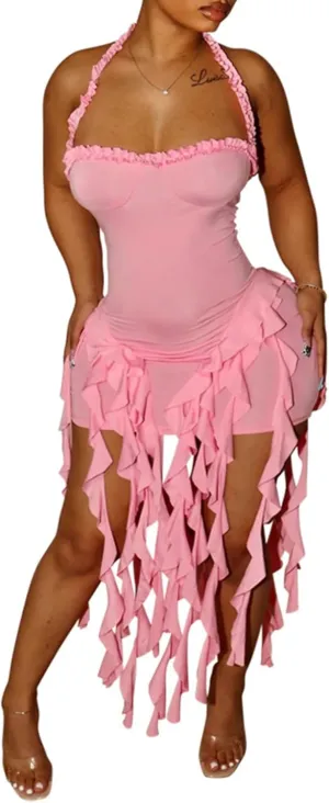 Womens Summer Ruffle Fringe Mini Dress Sexy Halter Bodycon Tassel Party Club Birthday Short Dresses