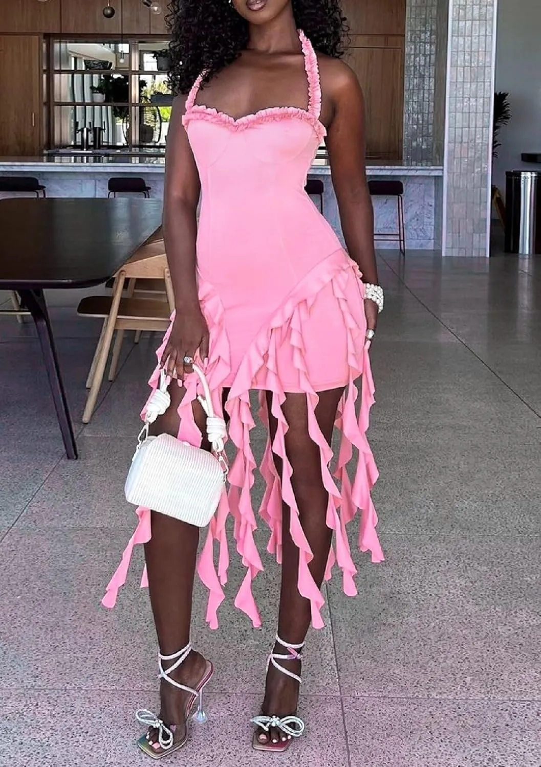 Womens Summer Ruffle Fringe Mini Dress Sexy Halter Bodycon Tassel Party Club Birthday Short Dresses